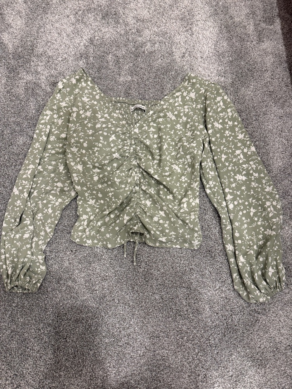 Abercrombie & Fitch Olive Green Floral Ruched Tie-Front Blouse